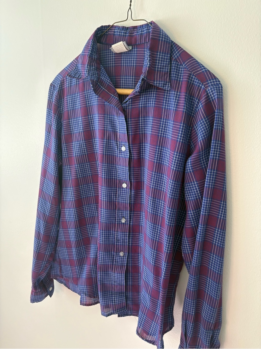 Vintage Women’s Plaid Button-Down Shirt — Blue & Burgundy